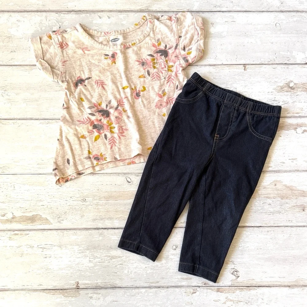 Old Navy 12-18m Floral Print Flower Shirt Outfit Set Jeggings Leggings 12m 18m